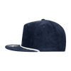 A navy blue 5 Panel High Profile Relaxed Rope Hat with a corduroy texture and a branded patch on the front.