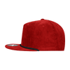 A red, five-panel high profile relaxed rope hat with a black brim and a logo on the side.