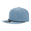 A blue, corduroy, 5-panel high profile relaxed rope hat with a black trim and a small logo.