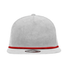 A white 5 panel high profile relaxed rope hat with a red accent and a logo on the front.