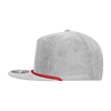 A grey corduroy hat with a red trim and a logo on the front, featuring a high-profile design.