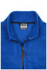 A blue fleece vest featuring a high collar and zip closure, with an interior label and a subtle logo.