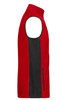 A red and black men's workwear fleece vest with a zippered pocket on the side and a sleeveless design.