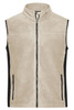 A men's workwear fleece vest in beige with black side panels and zippered pockets. It features a high collar and a front zip.