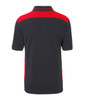 A men's workwear polo shirt in navy blue with red accents and a branded logo on the back.