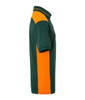 A men's work polo shirt in dark green with orange accents and a logo on the chest.