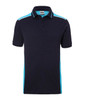 A navy blue polo shirt featuring light blue side panels and a collar, with a small logo on the chest.