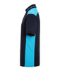 A navy blue and teal men's work polo shirt featuring short sleeves and a collar, with a logo.