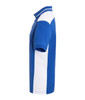 A blue and white men's workwear polo shirt with a collar and short sleeves, featuring a logo.