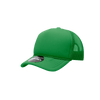A green 5 panel mid-profile structured foam trucker cap with mesh sides and a branded logo.