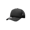 A black 5-panel mid-profile structured foam trucker cap with mesh sides and a circular logo.