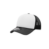 A grey and white structured foam trucker cap featuring a mesh back and a branded tag on the visor.