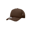 A brown structured foam trucker cap with mesh sides and a branding label on the front.