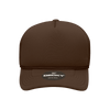 A brown structured foam trucker cap with a curved visor and a logo on the front.