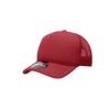 A red youth 5 panel mid-profile structured foam trucker hat with a mesh back and a logo.