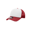 A red and white structured foam trucker cap with a mesh back and a logo on the front.
