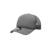 A grey youth 5 panel mid profile structured foam trucker hat with a mesh back and a logo.