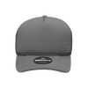 A grey structured foam trucker cap featuring a logo on the front and a black band along the brim.