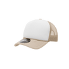 A structured foam trucker cap featuring a white front and beige mesh sides, with a logo on the brim.