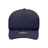 A navy blue structured foam trucker hat with a branded logo on the front.