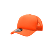 An orange youth 5-panel mid-profile structured foam trucker cap with a mesh back and a logo.