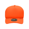 An orange Youth 5 Panel Mid Profile Structured Foam Trucker cap with a logo on the front.