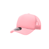 A pink five-panel structured foam trucker cap with mesh sides and a logo on the front.