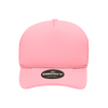 A pink structured foam trucker cap with a mid-profile design and a logo on the front.