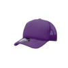 A purple foam trucker cap with a structured design and mesh side panels, featuring a logo on the front.