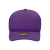 A purple structured foam trucker cap featuring a branded logo on the front.