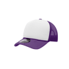 A structured foam trucker cap in purple and white, featuring a branded logo on the front.