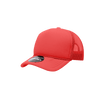 A structured foam trucker cap in bright red with mesh side panels and a logo.