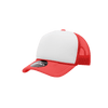 A red and white structured foam trucker cap with mesh sides and a branded logo on the front.