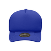 A blue structured foam trucker cap with a mid-profile design and a branded logo.