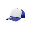 A blue and white Youth 5 Panel Mid Profile Structured Foam Trucker cap with a mesh back and a logo.