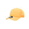 A yellow structured foam trucker cap with mesh sides and an adjustable back. It features a logo on the front.