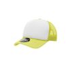 A yellow and white mid-profile structured foam trucker cap with mesh sides and a logo on the front.