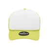 A yellow and white youth foam trucker cap with a structured mid-profile and a logo on the front.