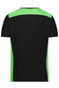A black T-shirt with green accents on the shoulders and sides. It includes a logo on the design.