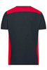 A men's workwear t-shirt featuring a navy body with red side panels and a logo.