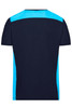 A men's workwear T-shirt in navy blue with light blue accents, featuring a logo on the back.