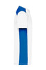 A men's white work T-shirt featuring blue shoulder panels and a logo. Side view demonstrates the design and fit.