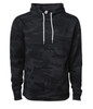 A unisex lightweight pullover hood in a black camouflage pattern with a front pocket and drawstring hood.