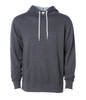 A unisex lightweight pullover hood in dark grey with a front pocket and white drawstrings. It features a logo.