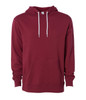 A unisex lightweight pullover hood in burgundy with a front pocket and drawstrings, featuring a logo.