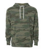A unisex lightweight pullover hood in a green camouflage pattern with a front pocket and a drawstring hood.