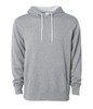 A unisex lightweight pullover hood in grey with a front pocket and drawstrings. It features a logo on the front.