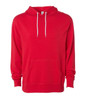 A unisex lightweight pullover hood in red with a front pocket and a logo on the label.