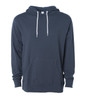 A unisex lightweight pullover hood in navy blue with a front pocket and white drawstrings. It features a logo.