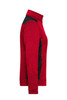 A red and black ladies' knitted workwear fleece jacket in a side view, featuring a zippered design and a collar.